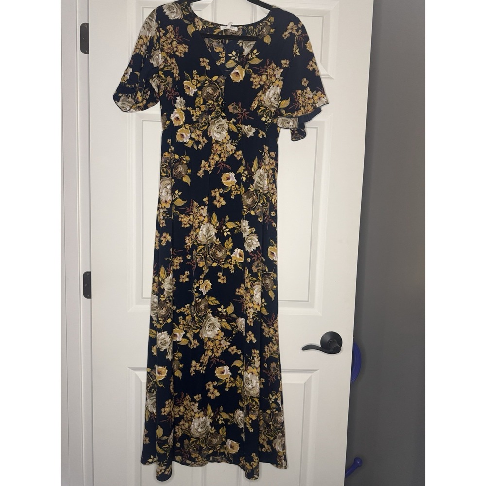 Maurices Maxi Dress Navy Mustard Multi Floral Short Ruffle Sleeve Small Nwt 49 - Picture 1 of 2